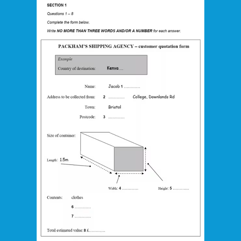 Mẫu IELTS Listening Form Completion dưới dạng đơn đặt hàng, biểu mẫu báo giá