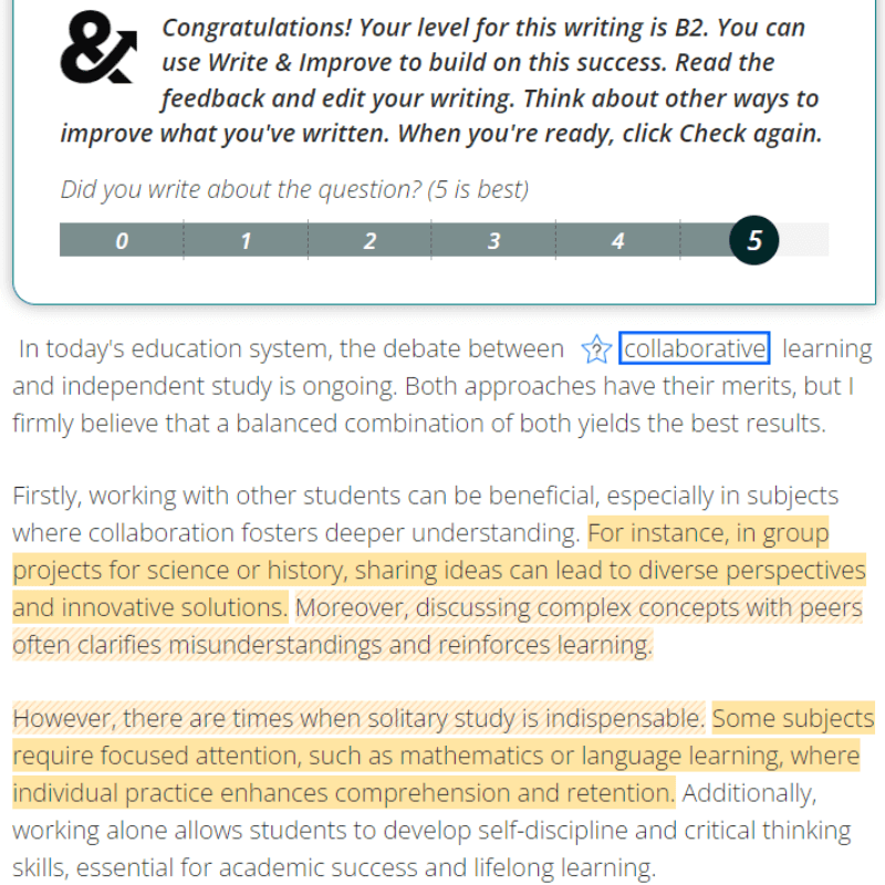 Feedback mẫu trên web Write & Improve