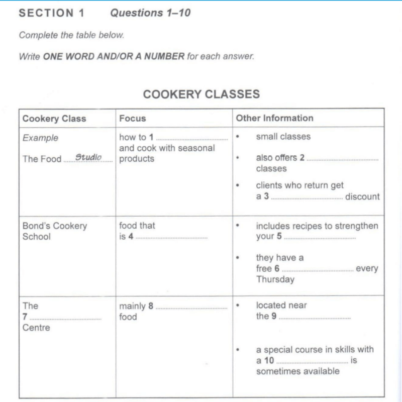 Dạng bài IELTS Listening Table Completion chủ đề khóa học - Nguồn: Cambridge IELTS 13 Test 1 Section 1
