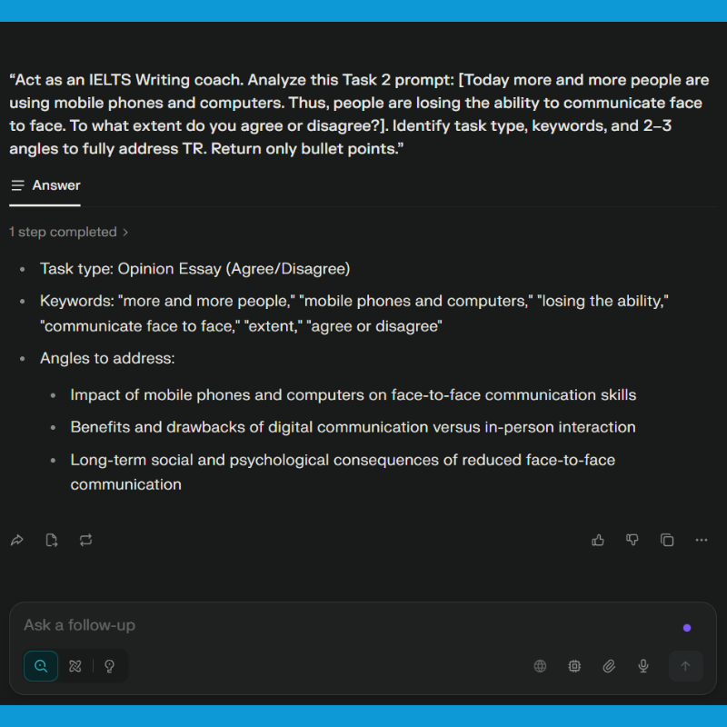 Giao diện áp dụng prompt khởi tạo - phân tích đề trên tiêu chí đánh giá mức độ hoàn thành đề khi tự học IELTS Writing bằng Perplexity