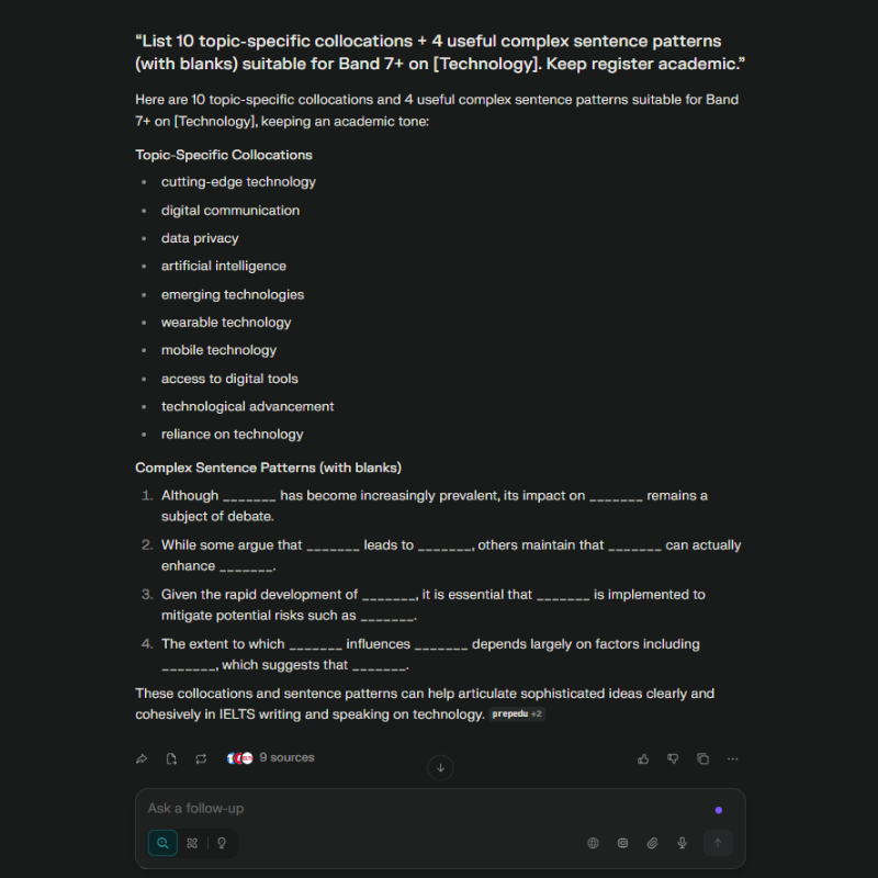Áp dụng prompt Perplexity cho IELTS luyện Task 1 Task 2 với AI về từ vựng và cấu trúc chuẩn tiêu chí LR/GRA