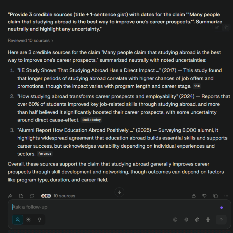 Giao diện ứng dụng Prompt Perplexity cho IELTS để kiểm chứng nguồn AI và academic integrity IELTS